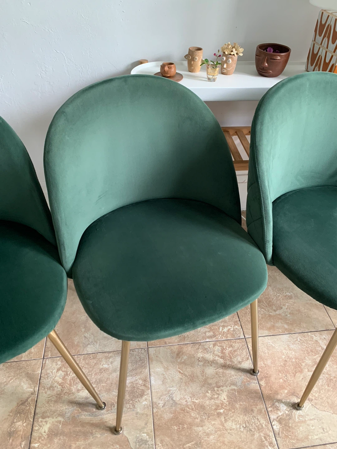 Set of 4 Green Velvet Chairs with Gold Legs