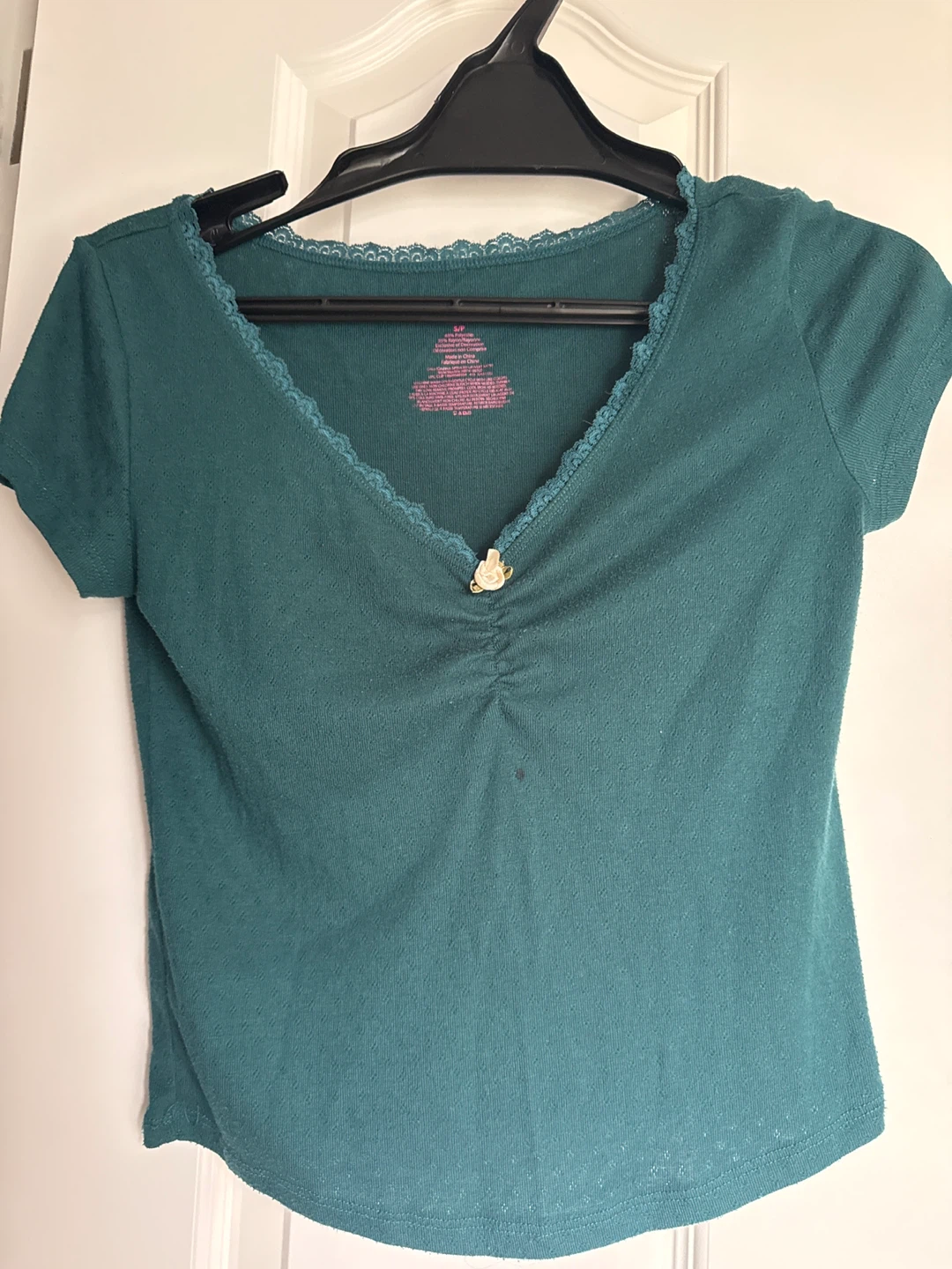 Teal Lace Trim Ruched Crop Top
