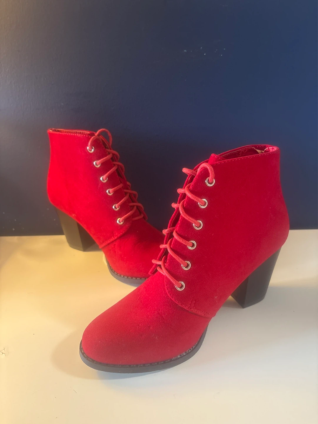 Red Suede Lace-Up Ankle Boots