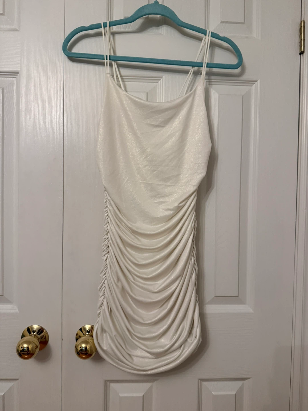 White Shimmer Ruched Mini Dress