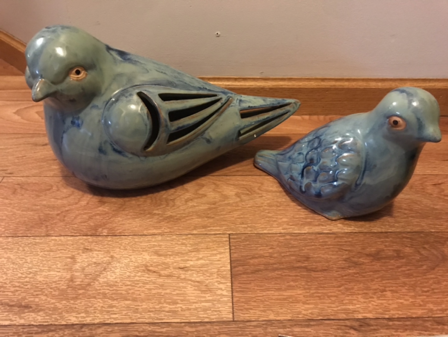 Two ceramic blue birds decor