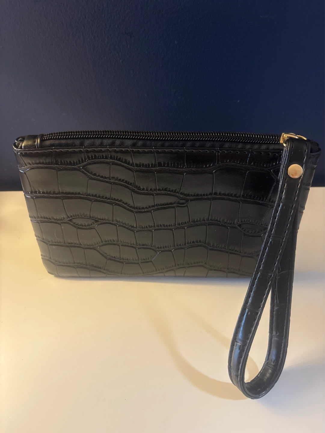 Black Crocodile-Embossed Wristlet Clutch