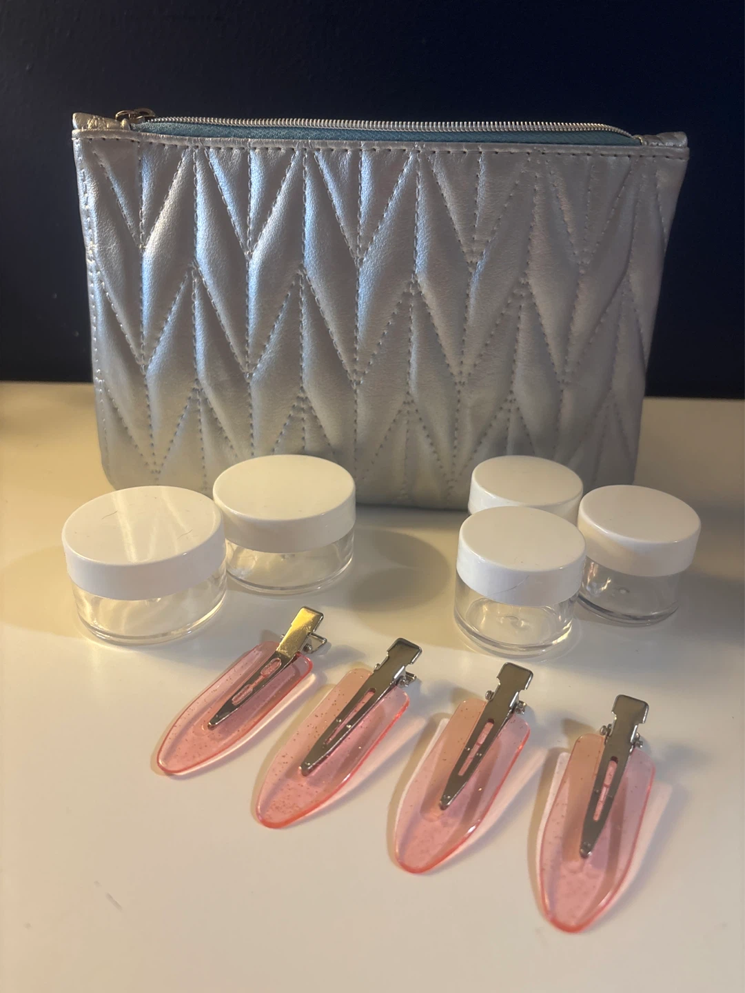 Makeup Bag with 5 Travel Containers and 4 Hair Clips
