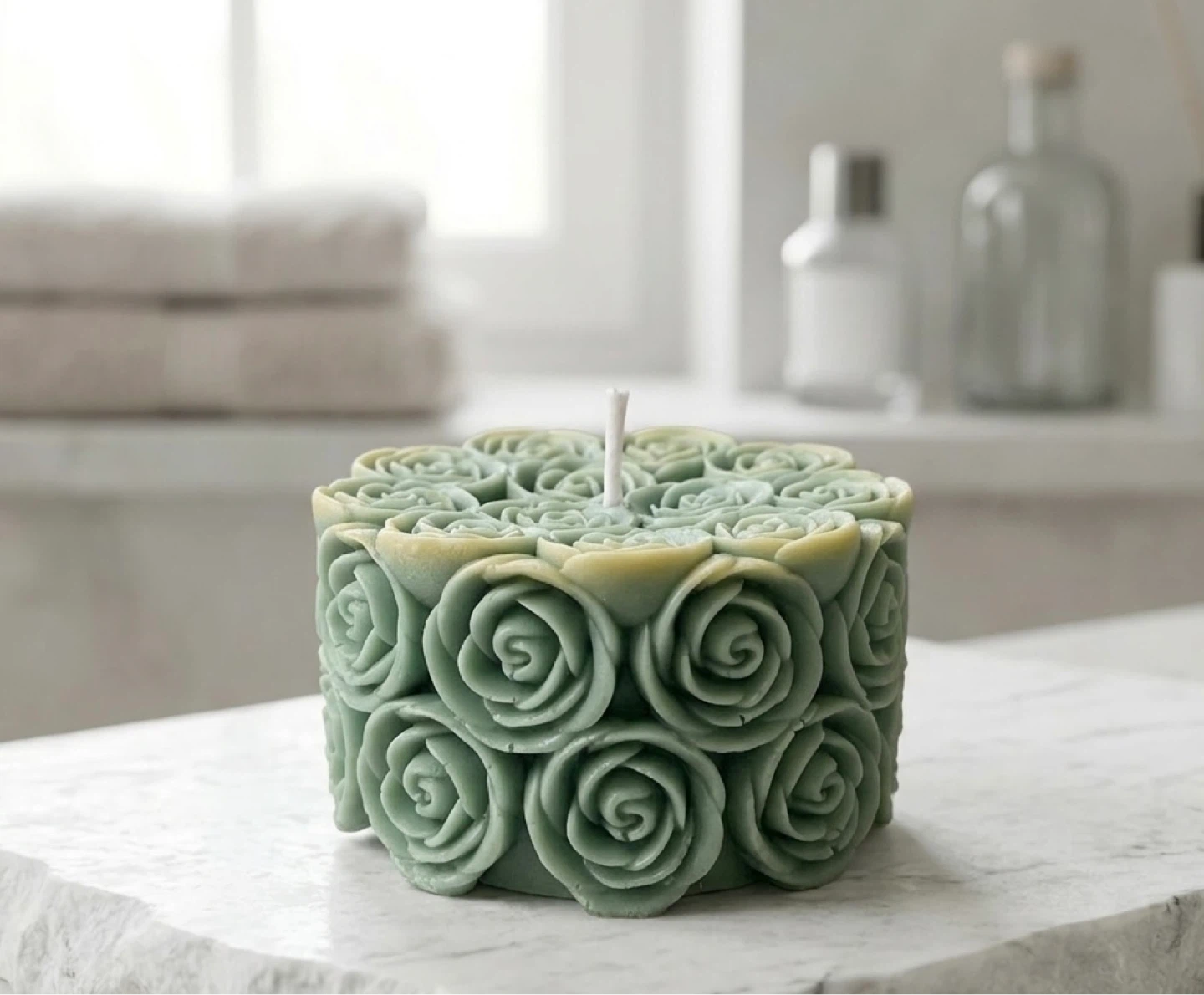 Sage Green Rose Carved Candle