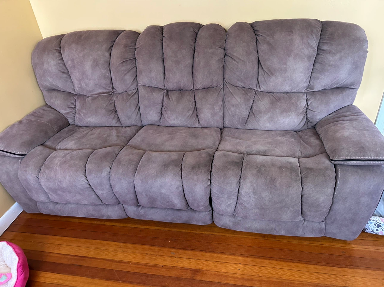 Reclining couch, electric fireplace/heater and coffee table