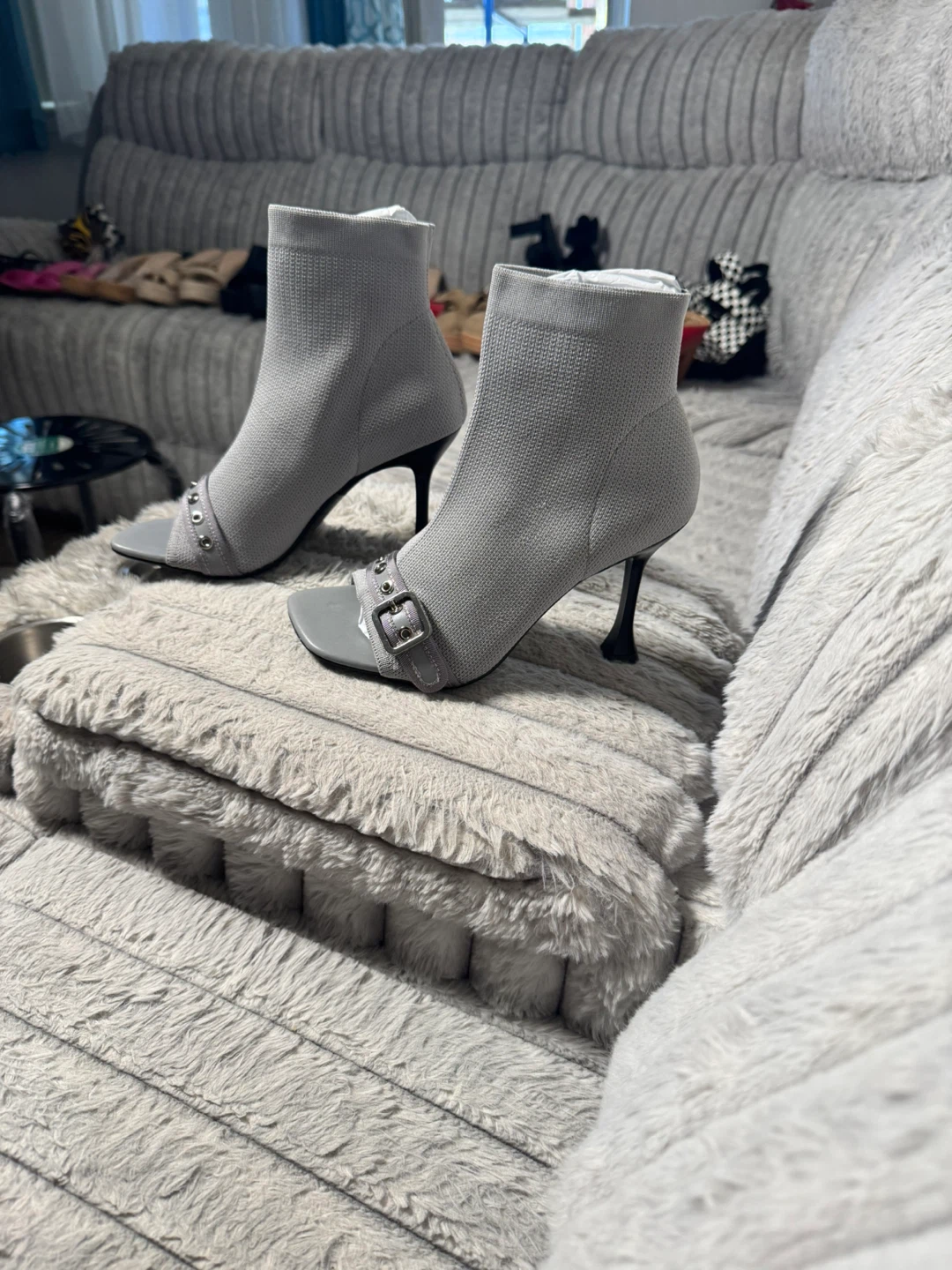 Gray Open-Toe Sock Booties with Buckle Detail - photo 5