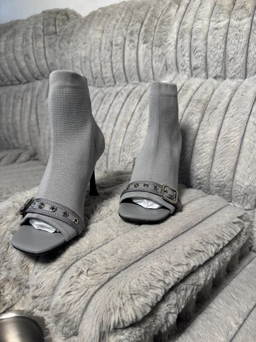 Gray Open-Toe Sock Booties with Buckle Detail - photo 4