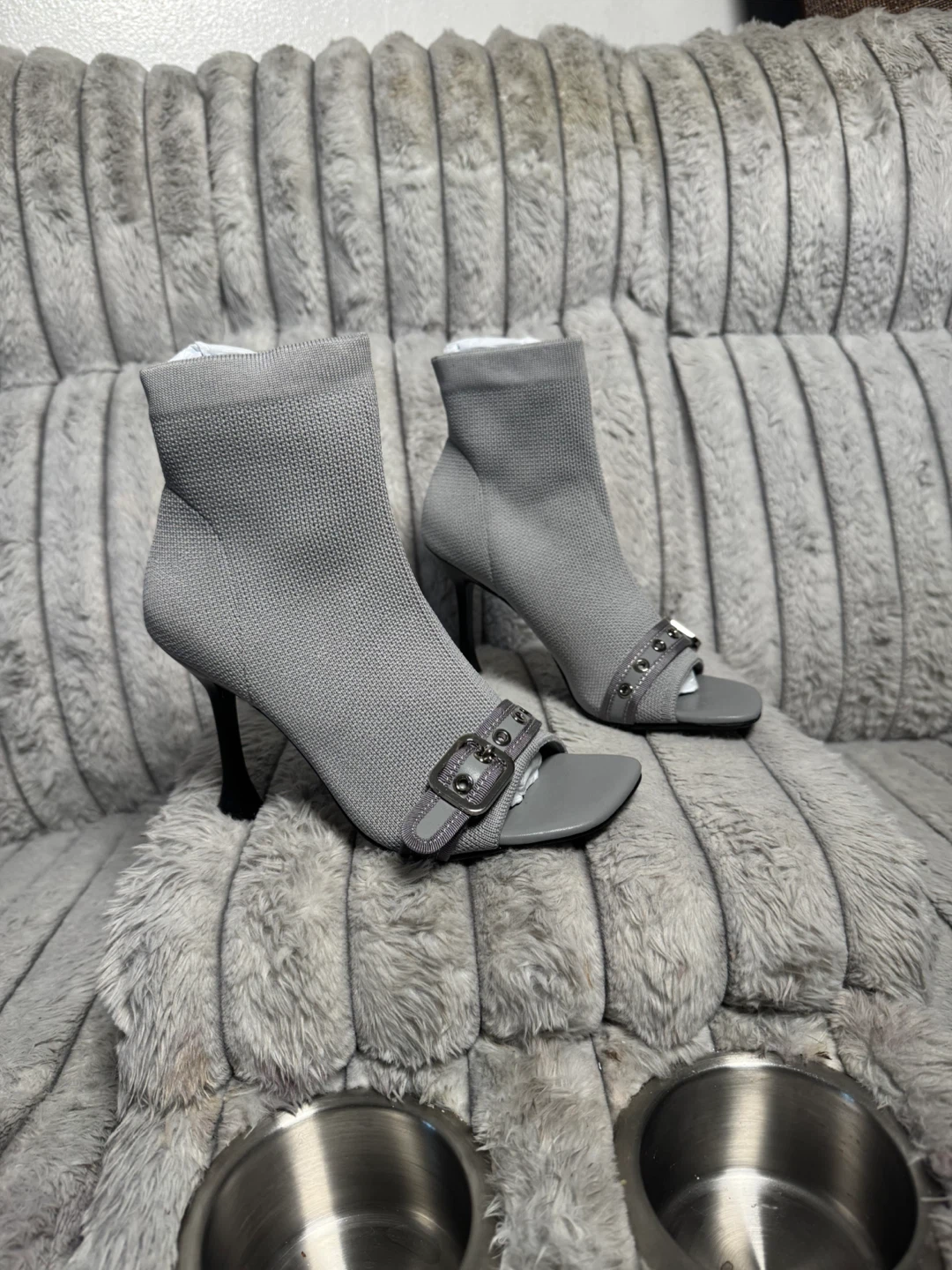 Gray Open-Toe Sock Booties with Buckle Detail