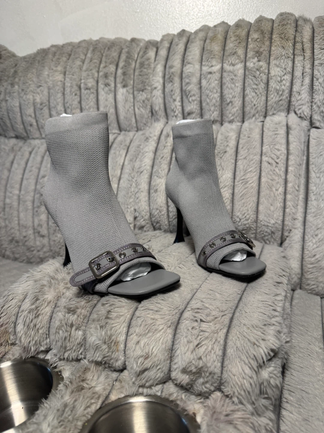 Gray Open-Toe Sock Booties with Buckle Detail - photo 3