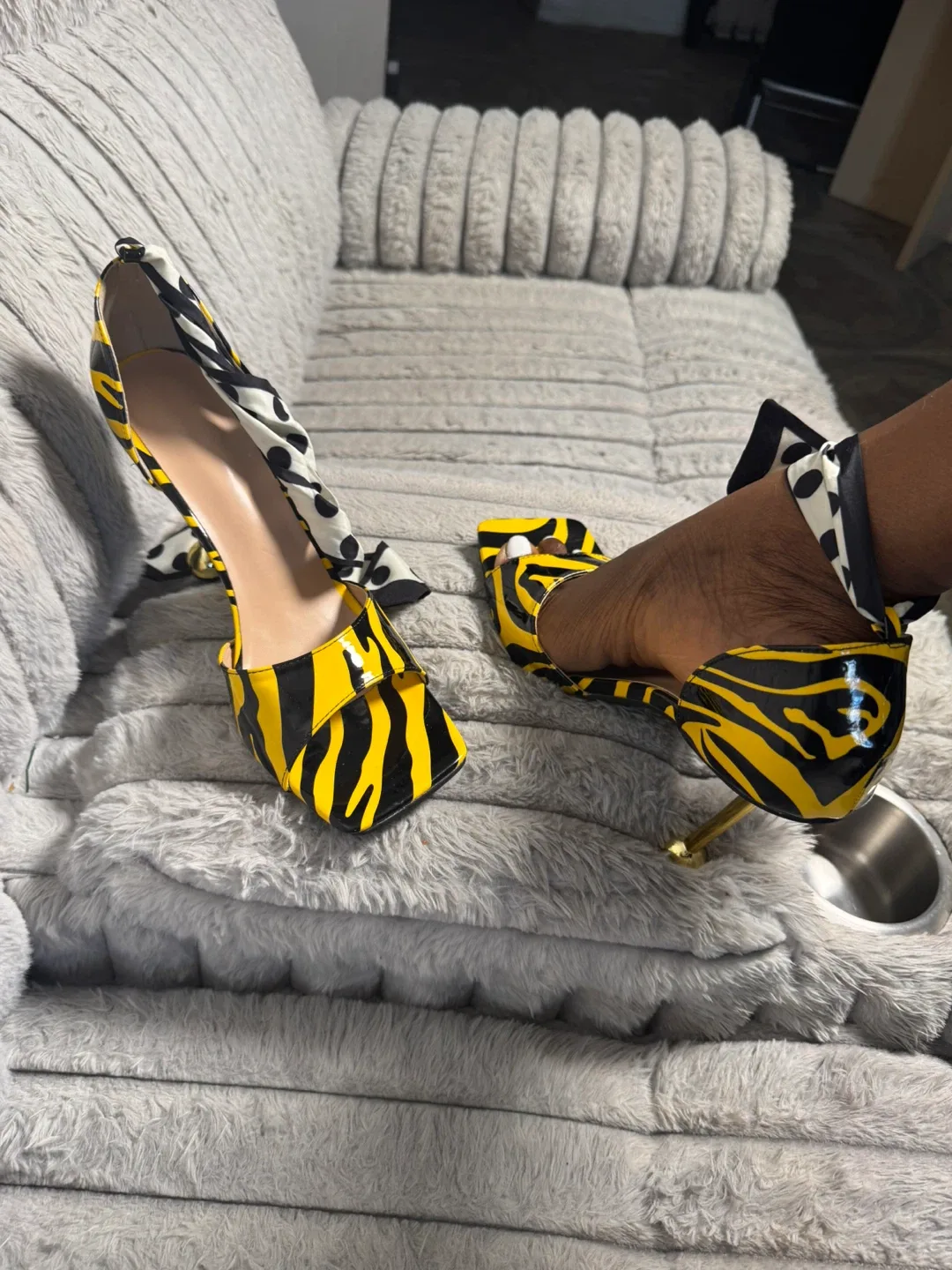 Women's Yellow Black Zebra Print Heels with Polka Dot Bow - photo 3