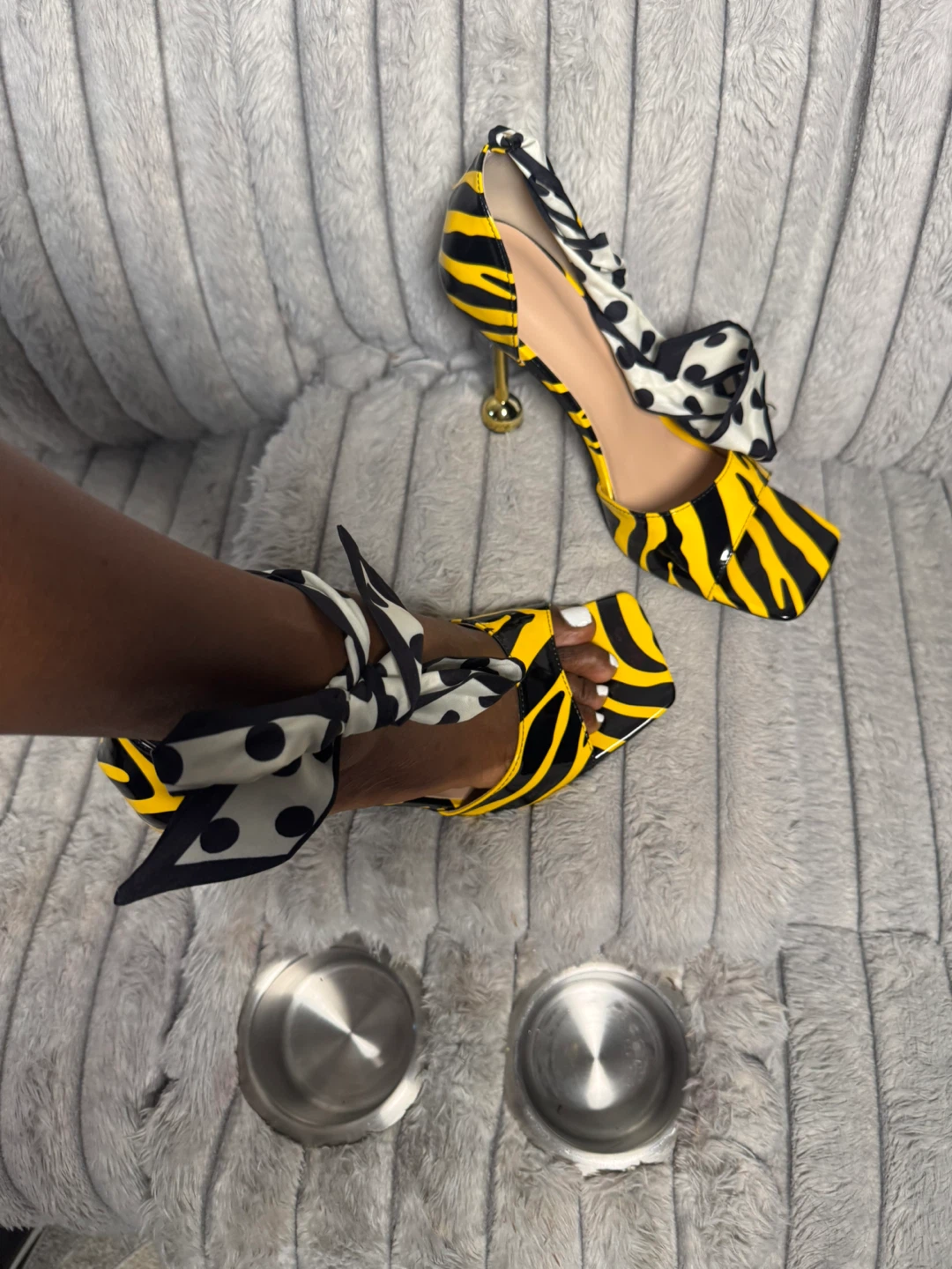 Women's Yellow Black Zebra Print Heels with Polka Dot Bow - photo 2