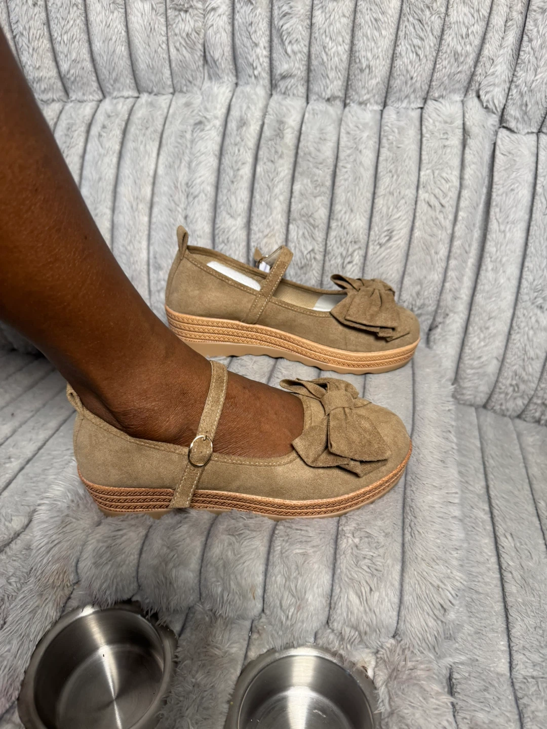Women's Brown Suede Mary Jane Shoes with Bow