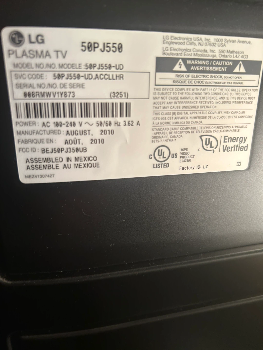 LG 50PJ550 Plasma TV - photo 2