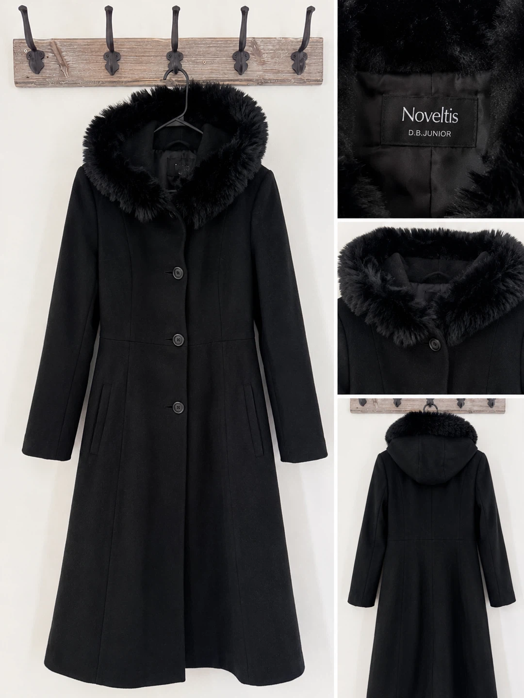 Noveltis Black Hooded Fur Trim Coat