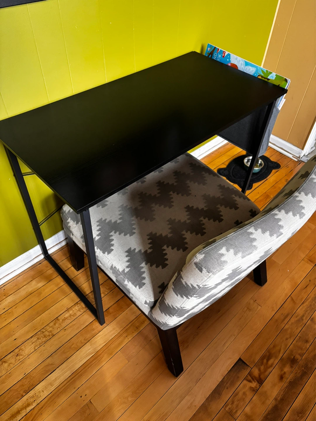 Black Desk with Fabric Magazine Holder & upholstered chair