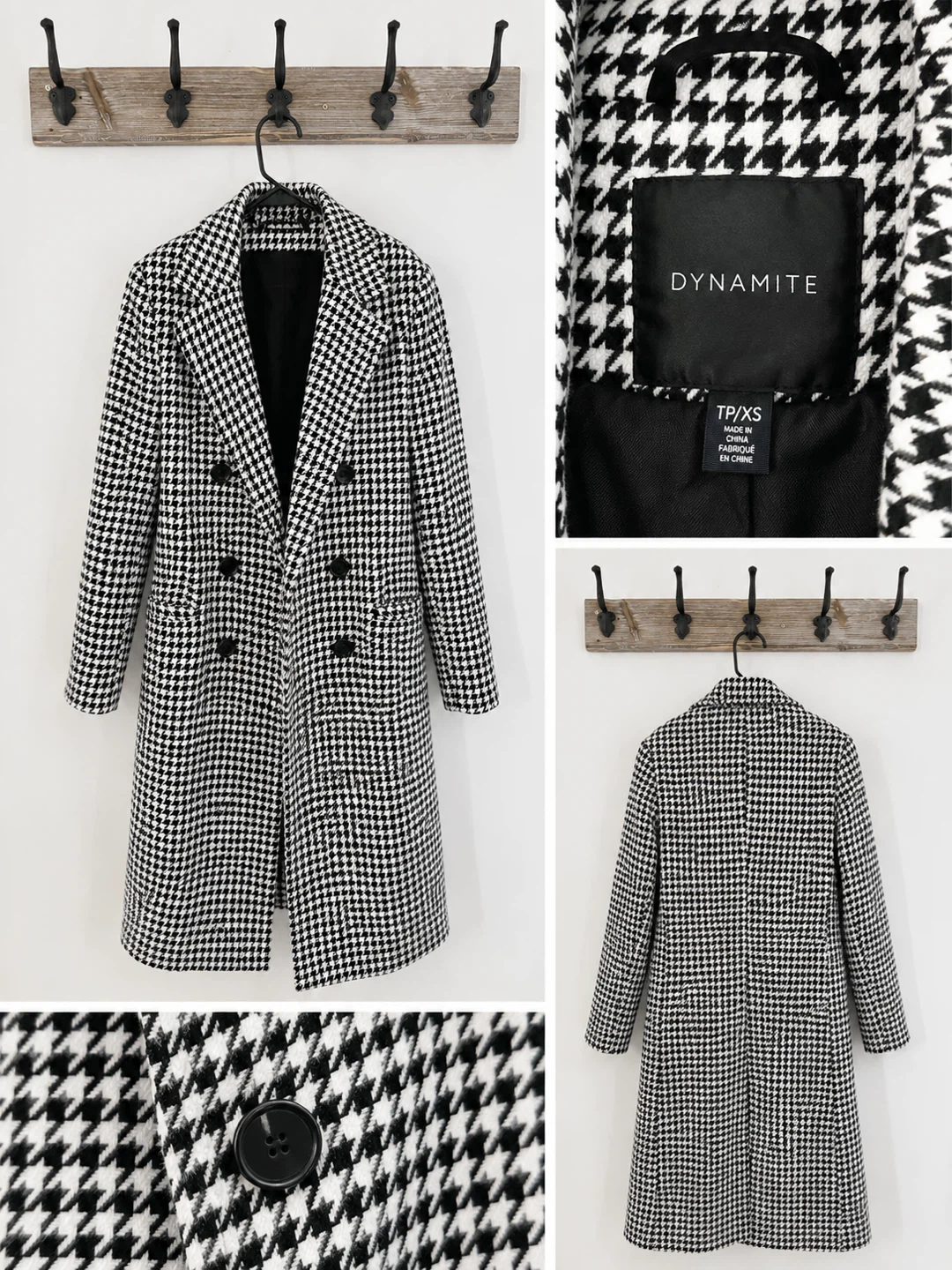 Dynamite Houndstooth Double-Breasted Coat