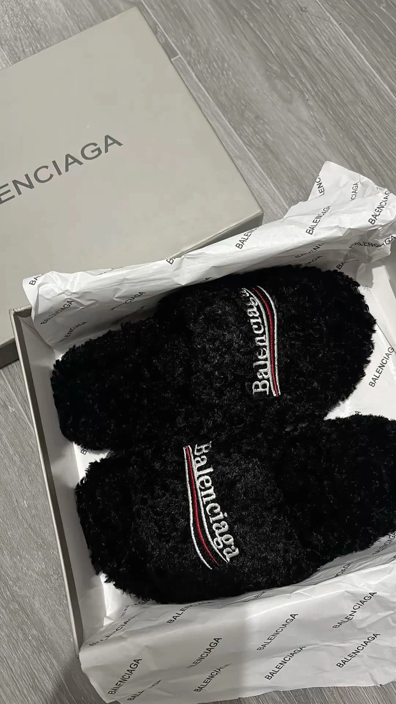 Balenciaga Black Faux Fur Slides