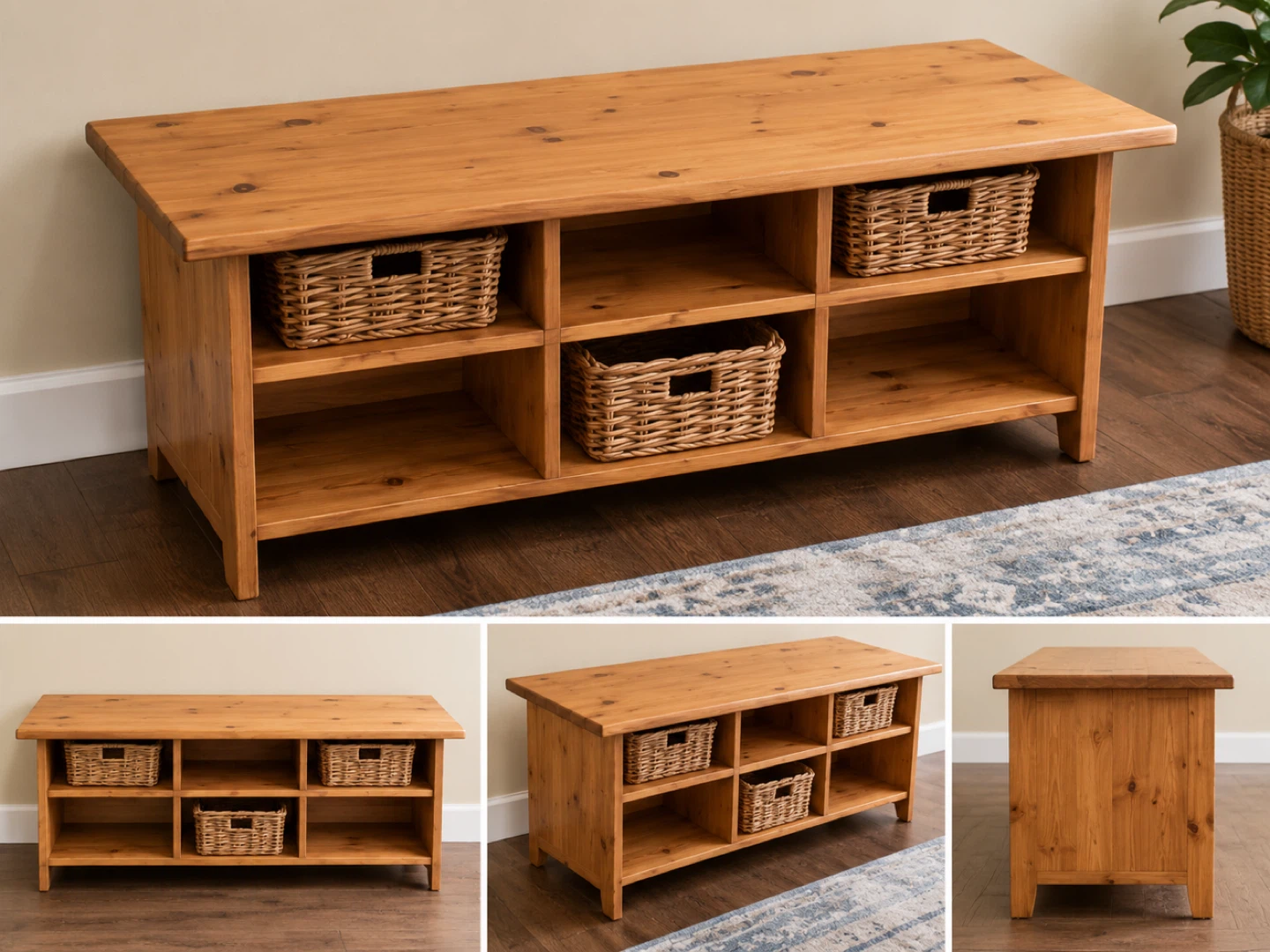 Wooden Storage Bench with Baskets
