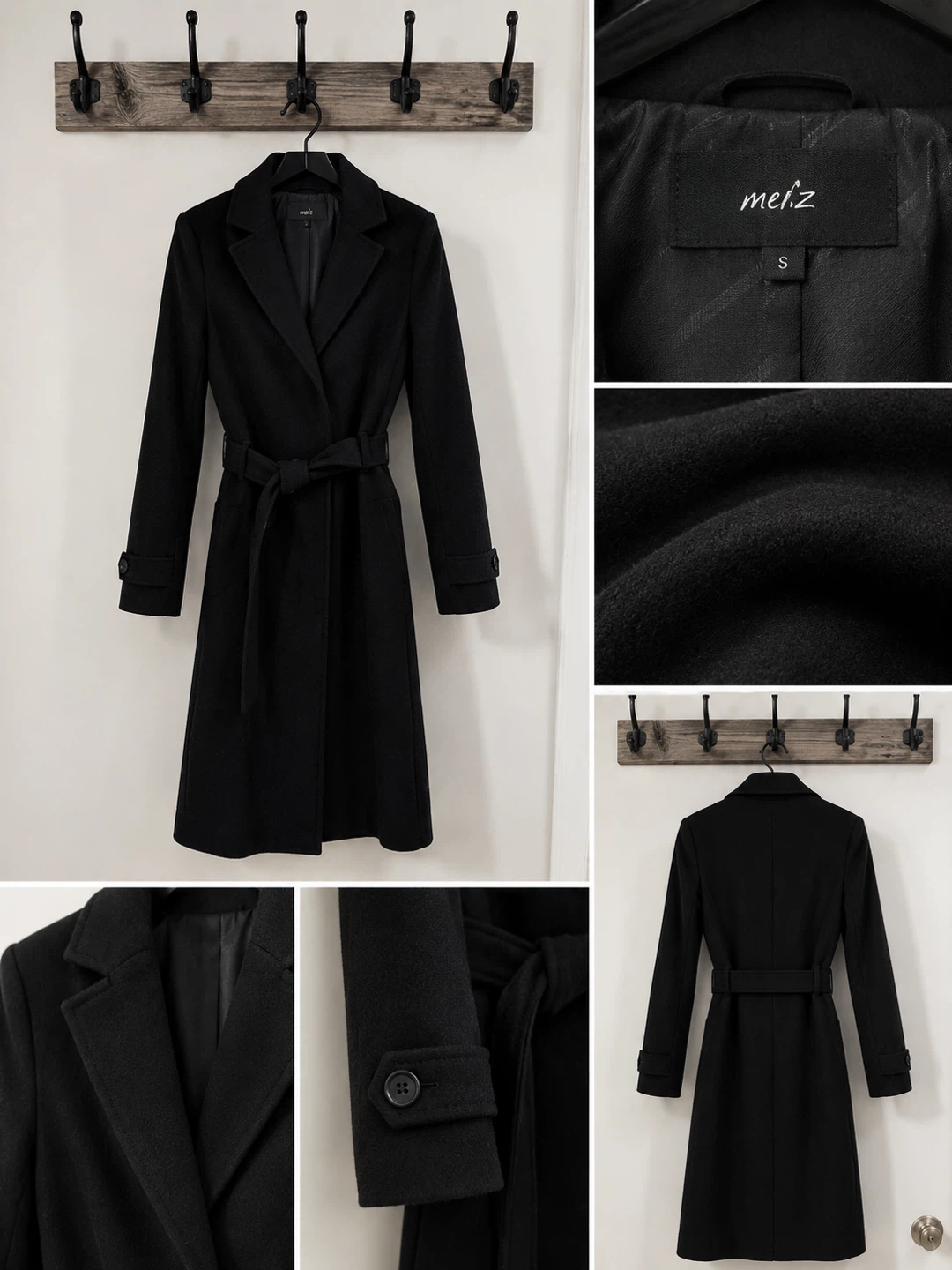 Meliz Black Wool Blend Belted Trench Coat Size S