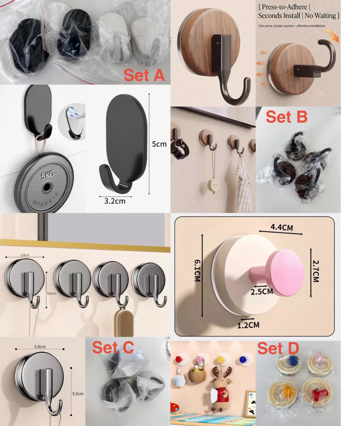 Brand New Multi-Style Hanging Hooks Set (Adhesive & Suction)