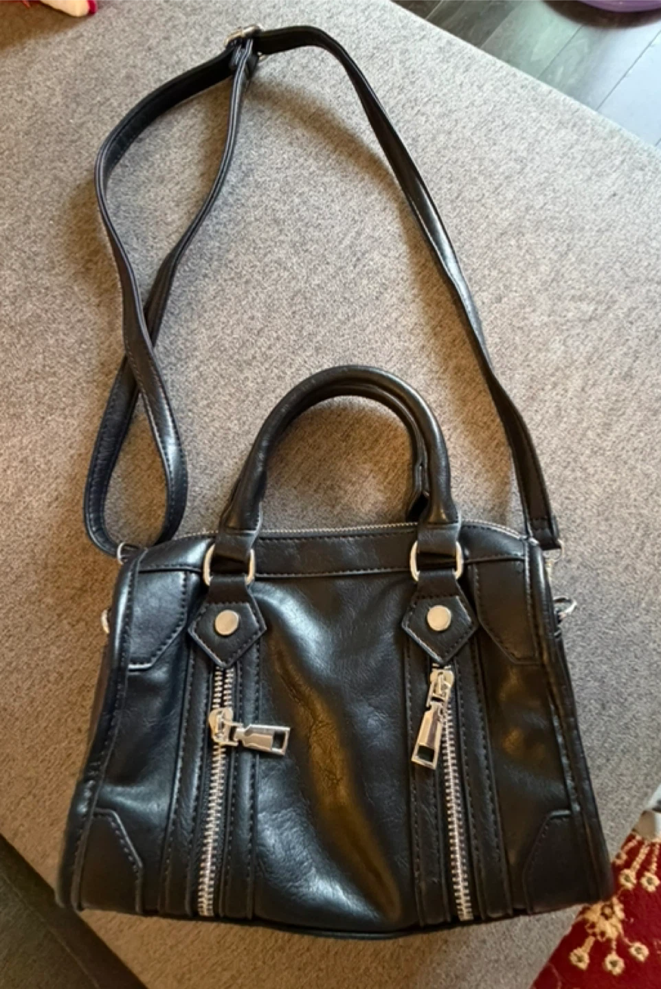 Black Faux Leather Mini Satchel Handbag