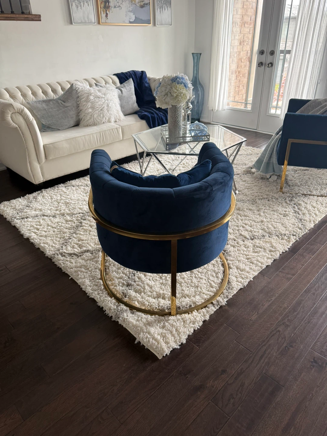 Navy Blue Velvet Armchair with Gold Base
