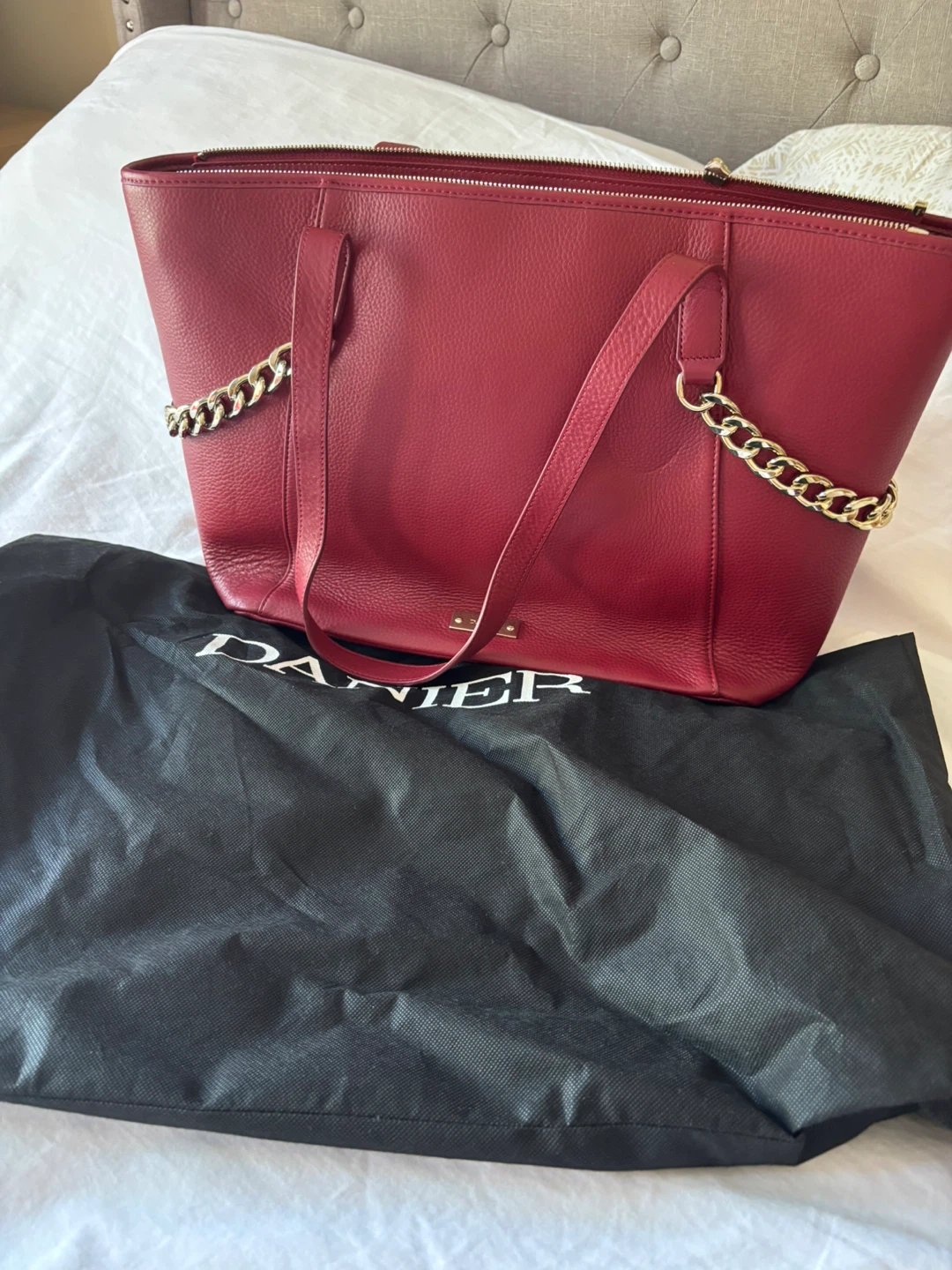DANIER Red Leather Tote Bag with Gold Chain Detail
