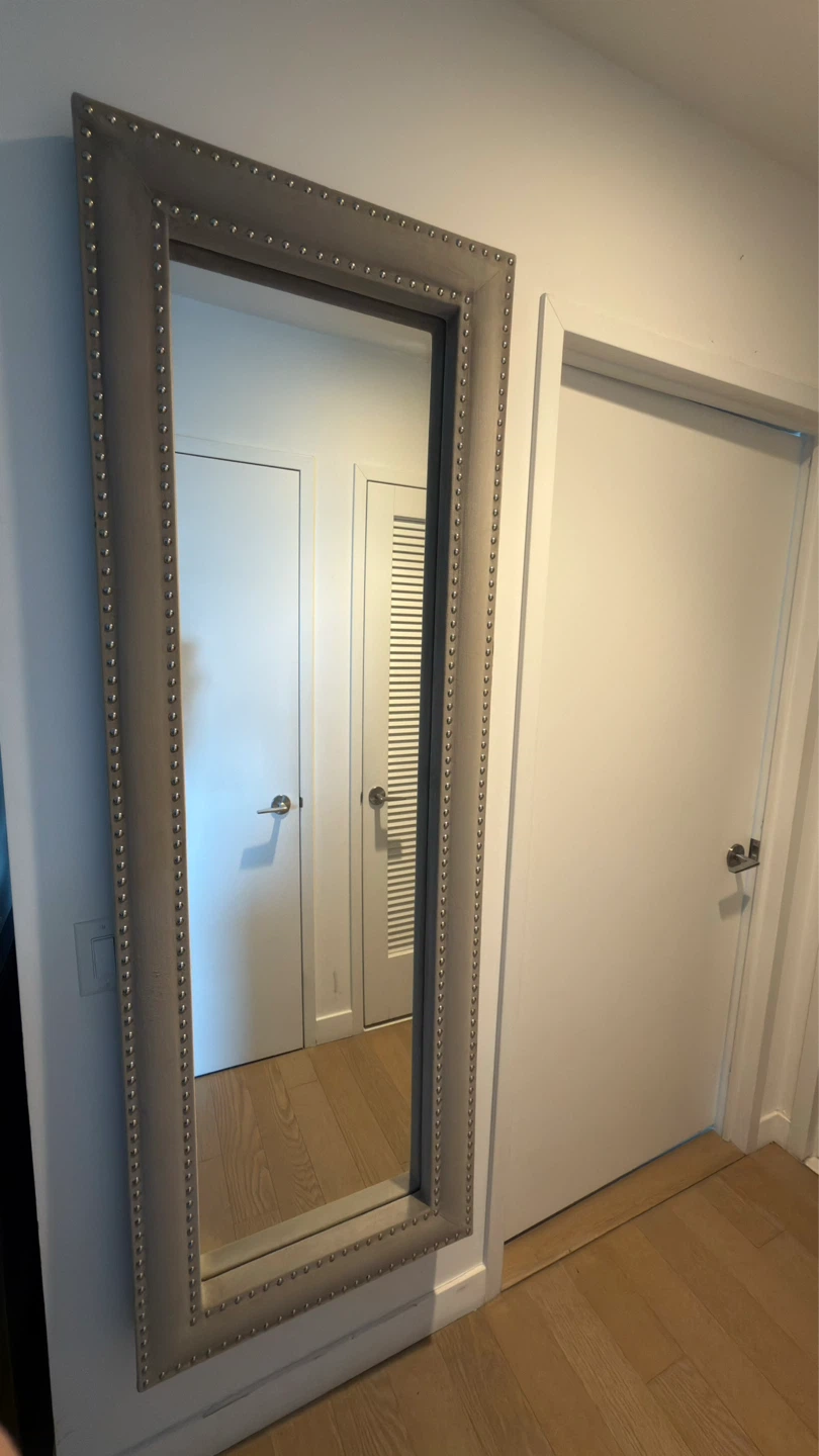 Tall Upholstered Floor Mirror with Silver Stud Detail