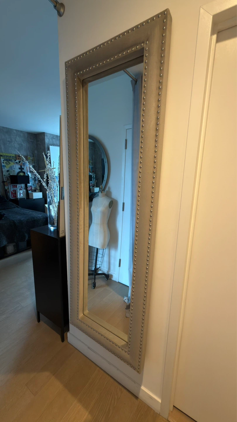 Tall Upholstered Floor Mirror with Silver Stud Detail - photo 2