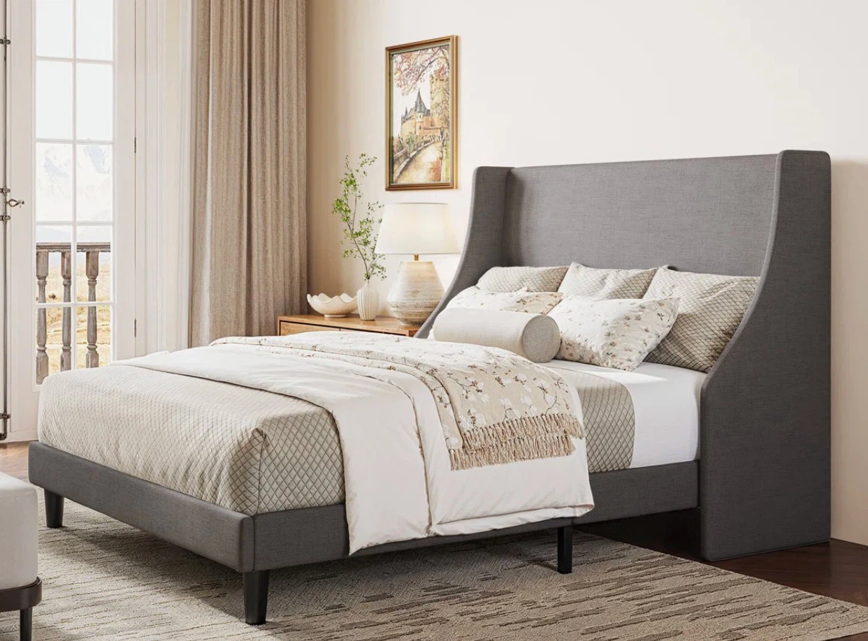 Queen Size Upholstered Bed Frame with Wingback Headboard - photo 2