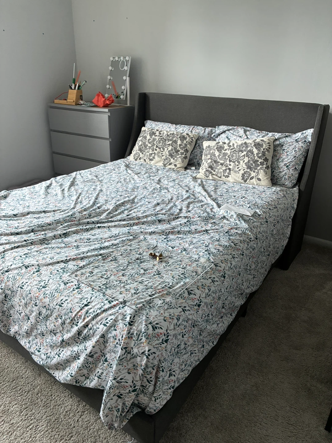 Queen Size Upholstered Bed Frame with Wingback Headboard