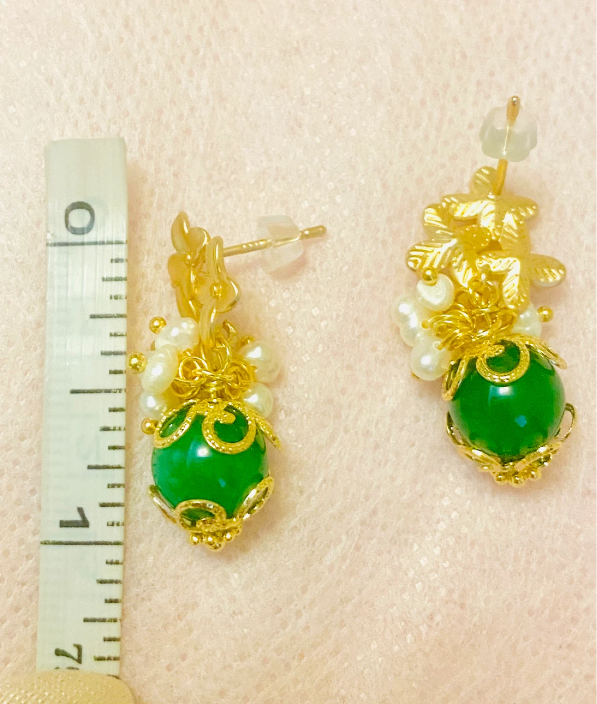 Gold-tone Dangling Earrings with Green Jade Beads and Pearls - photo 4