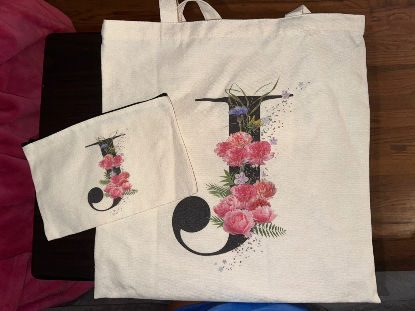 Canvas Tote Bag and Pouch with Floral Letter J