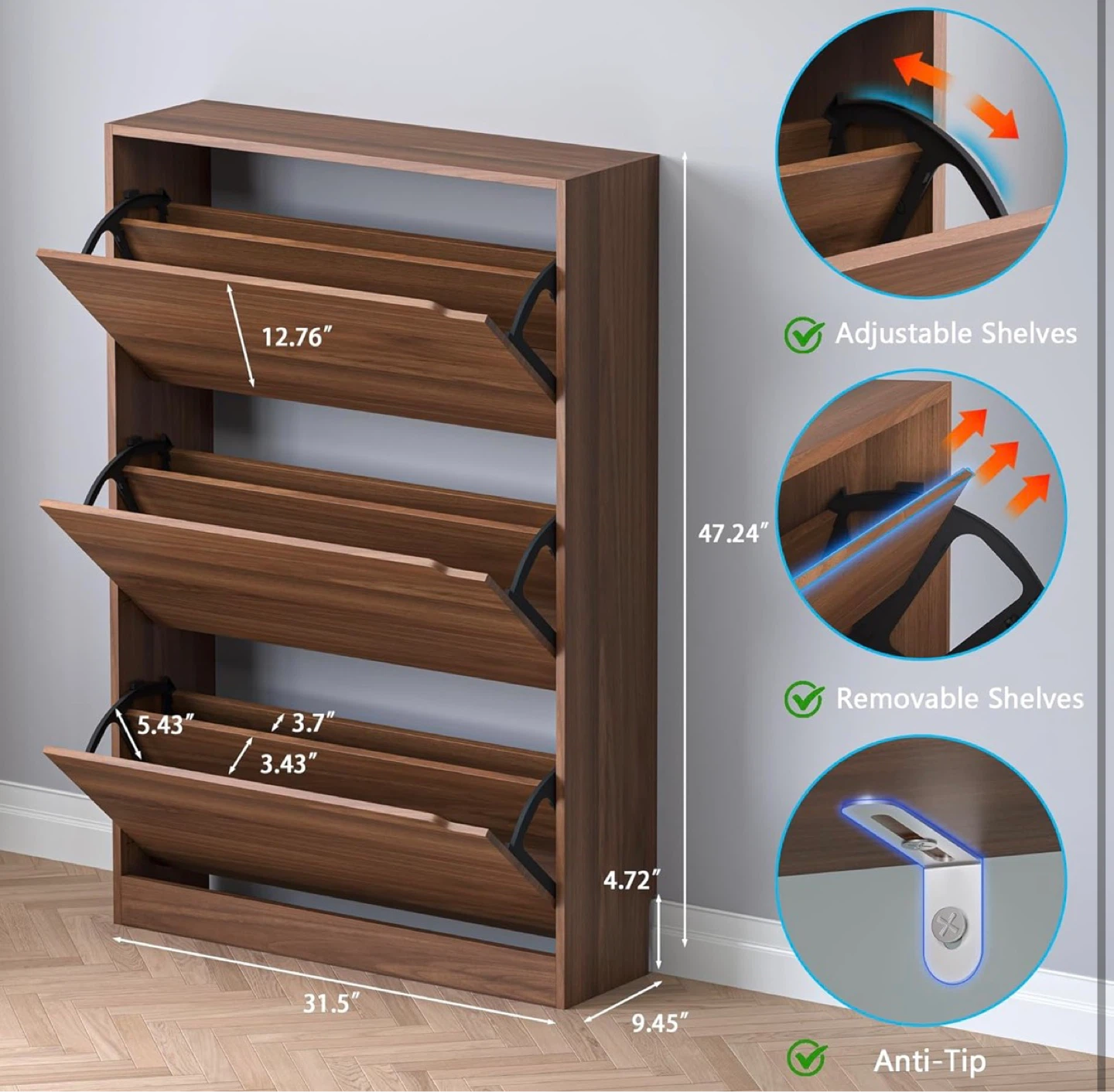 3-Tier Wooden Shoe Cabinet - Walnut Finish - photo 2