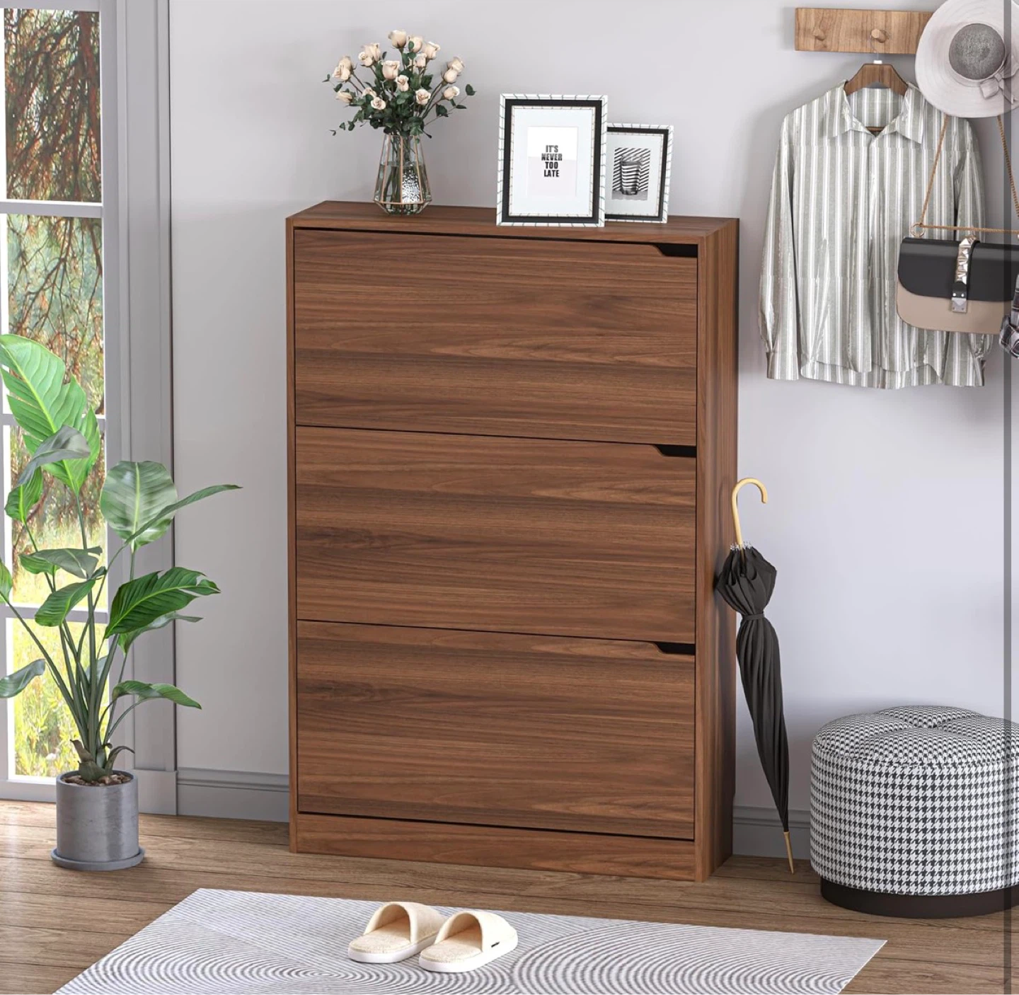 3-Tier Wooden Shoe Cabinet - Walnut Finish