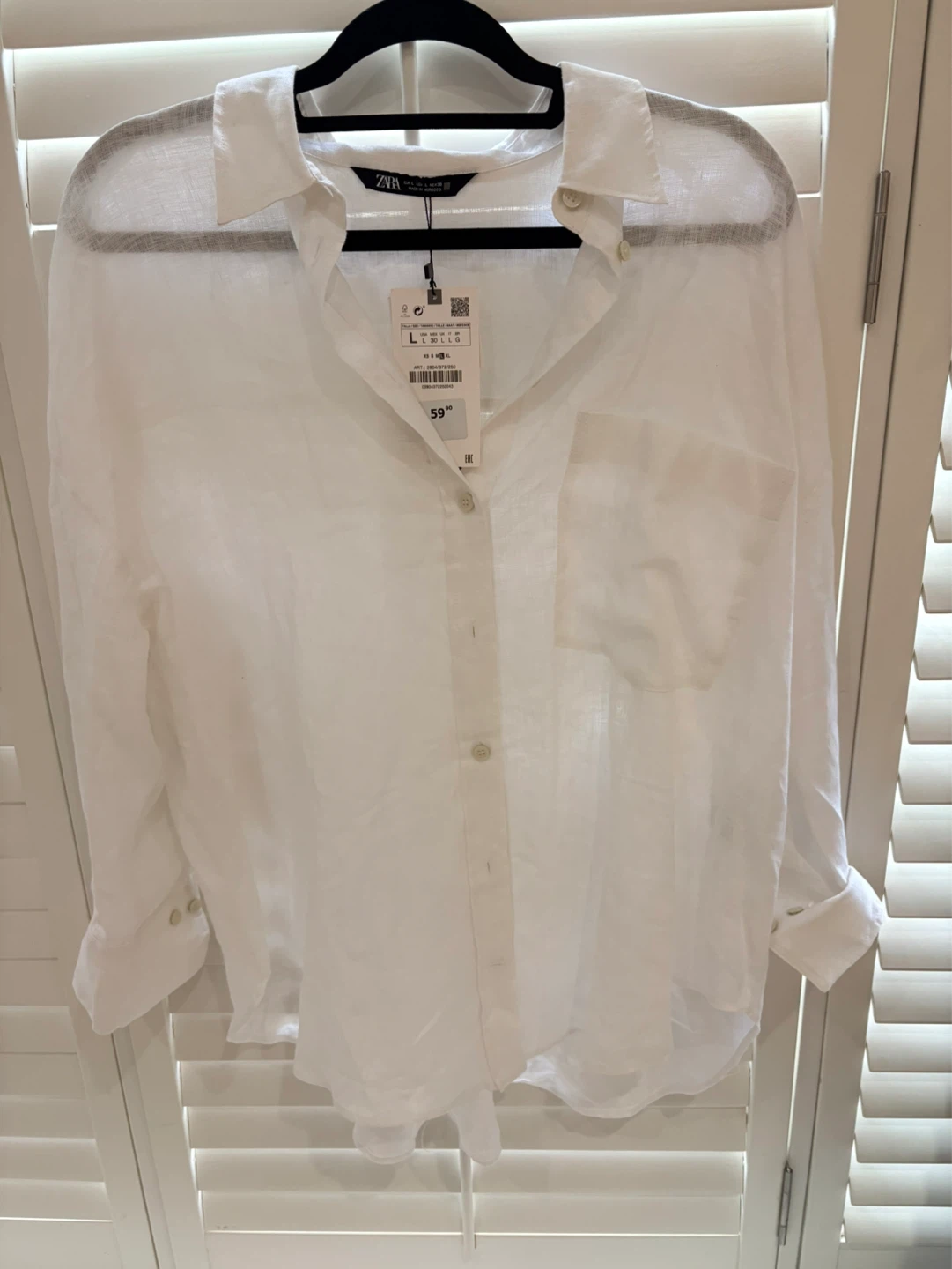 NWT Zara White 100 % Linen Shirt - Size L