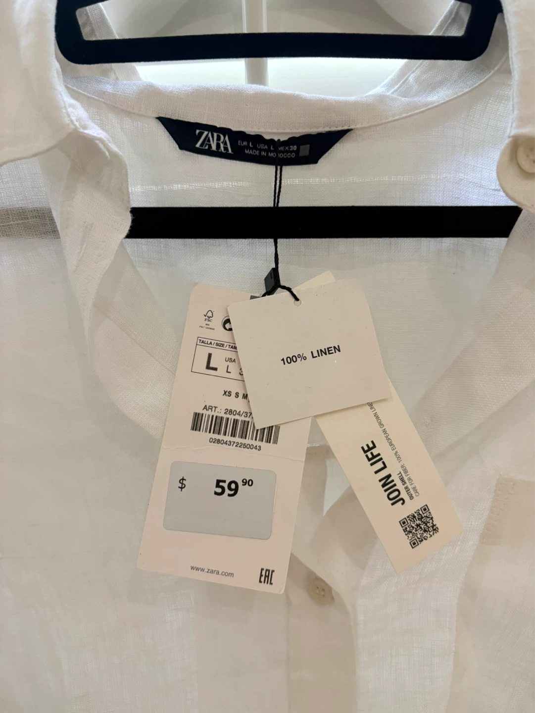 NWT Zara White 100 % Linen Shirt - Size L - photo 2