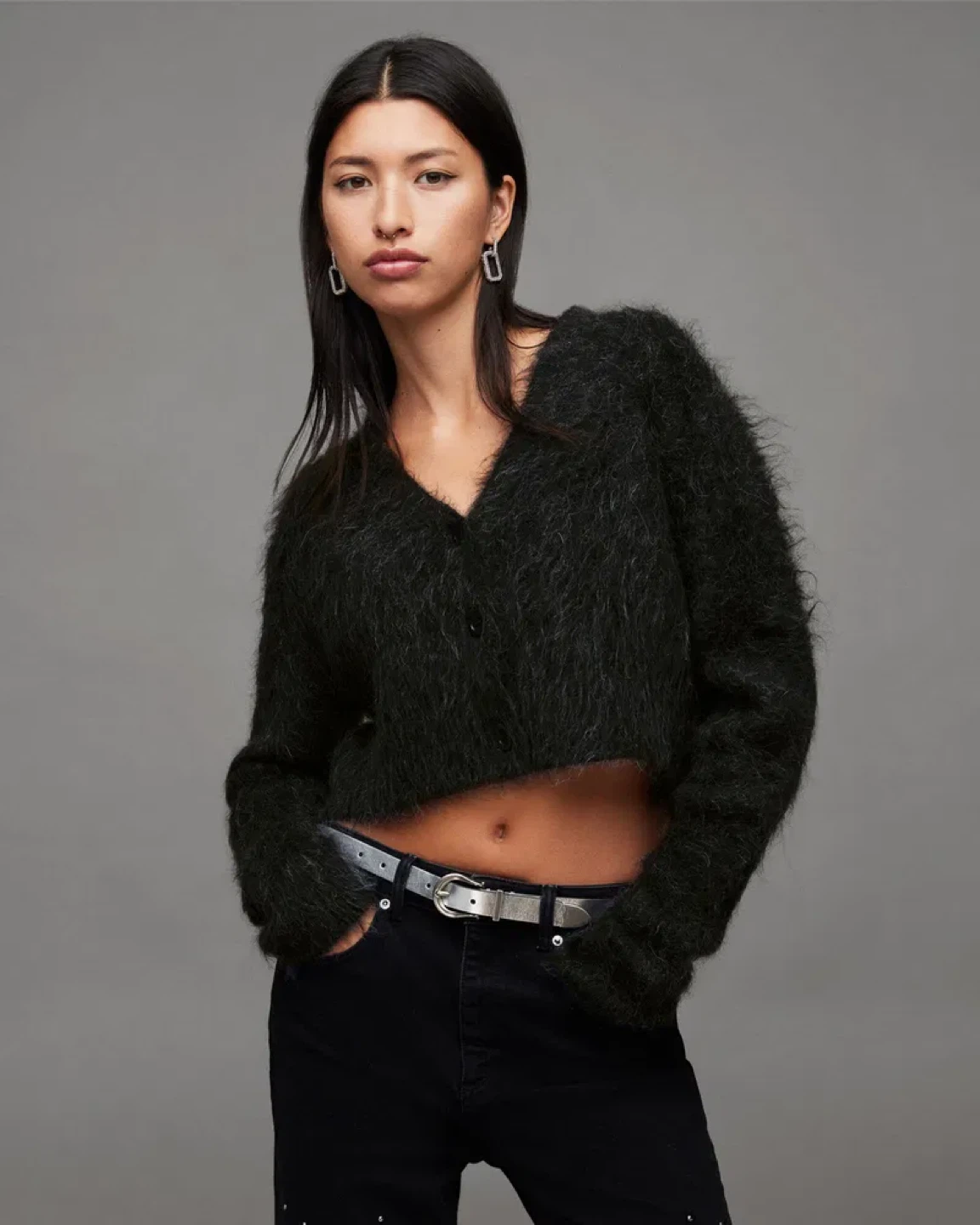 AllSaints Black Cropped Fuzzy Cardigan