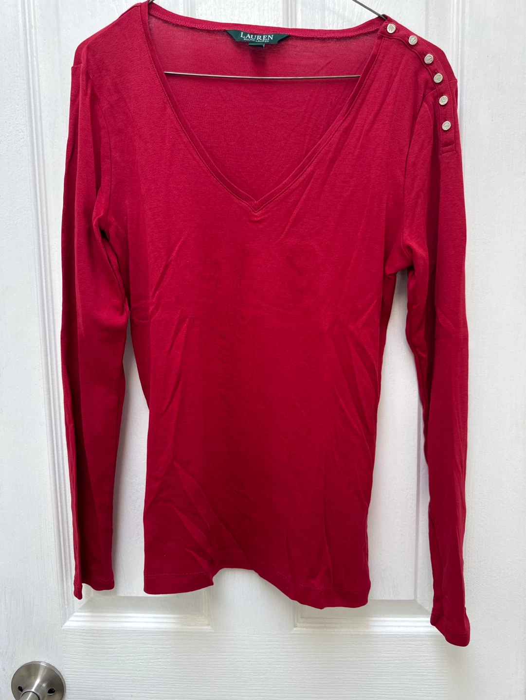 Lauren Ralph Lauren Red V-Neck Long Sleeve Shirt women’s medium