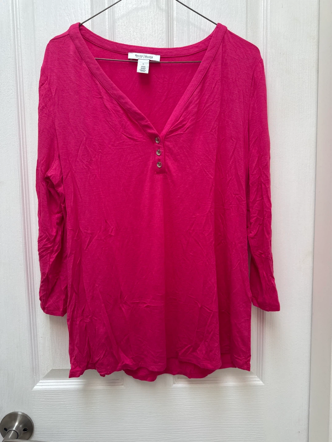 White House Black Market Pink V-Neck Henley Top women’s large