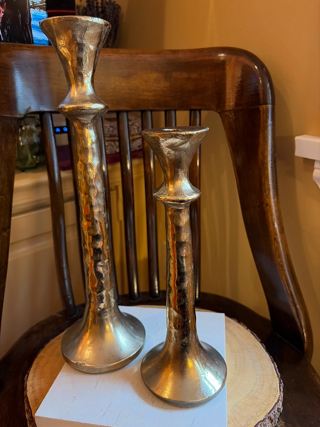 Set of 2 Tall Hammered Gold Candlesticks