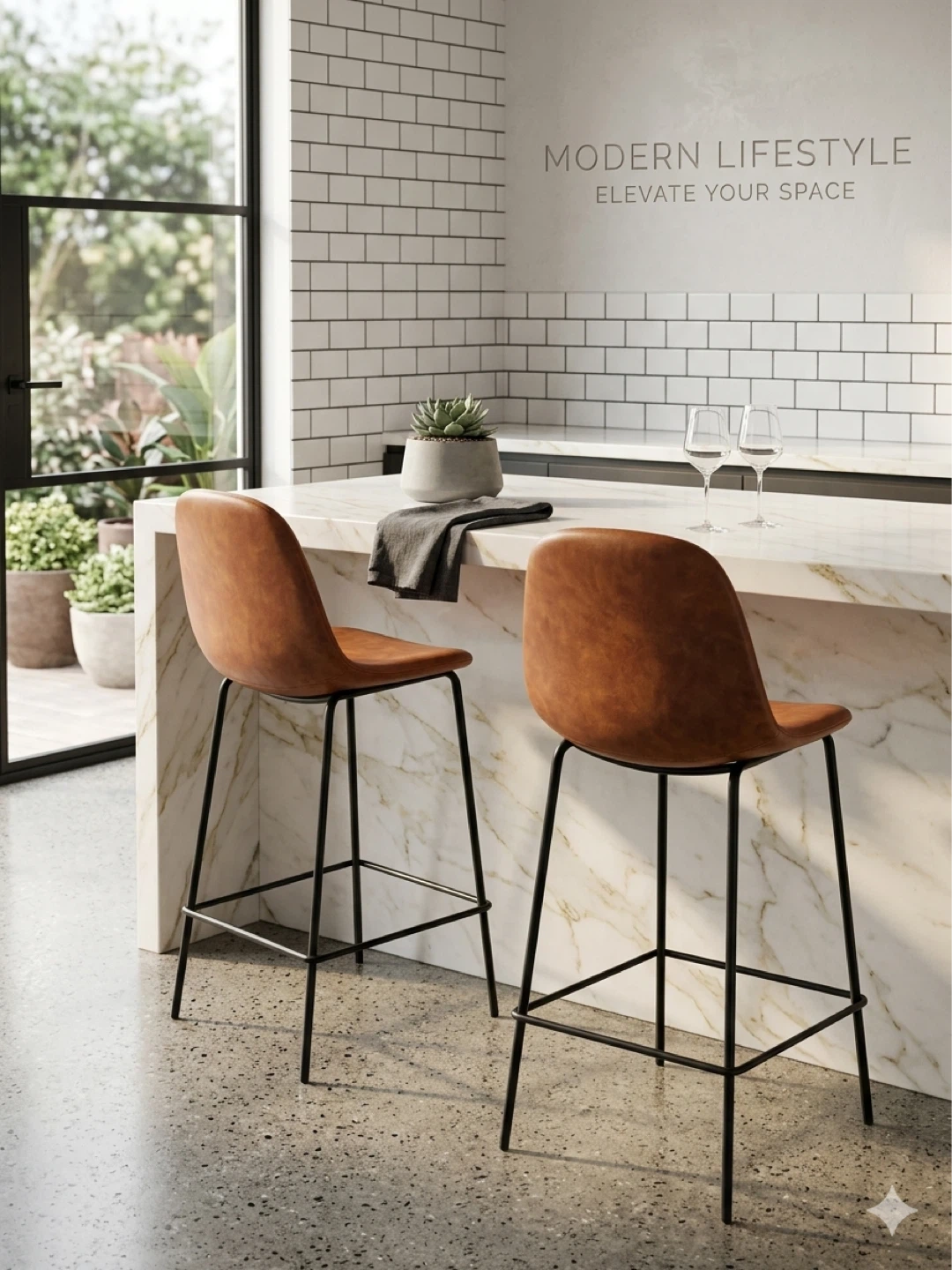 Set of 2 Brown Faux Leather Bar Stools