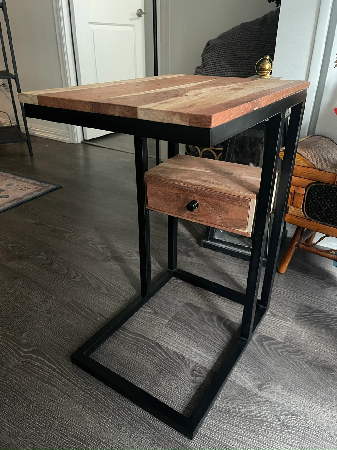 Wood and Metal C-Table with Drawer