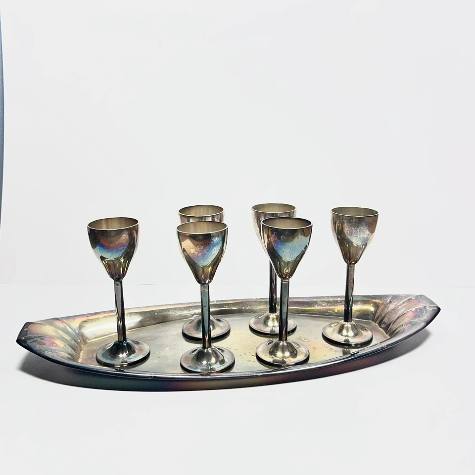 VTG Art Deco Silver Plated 6 Shot Glasses & Oval Tray Set