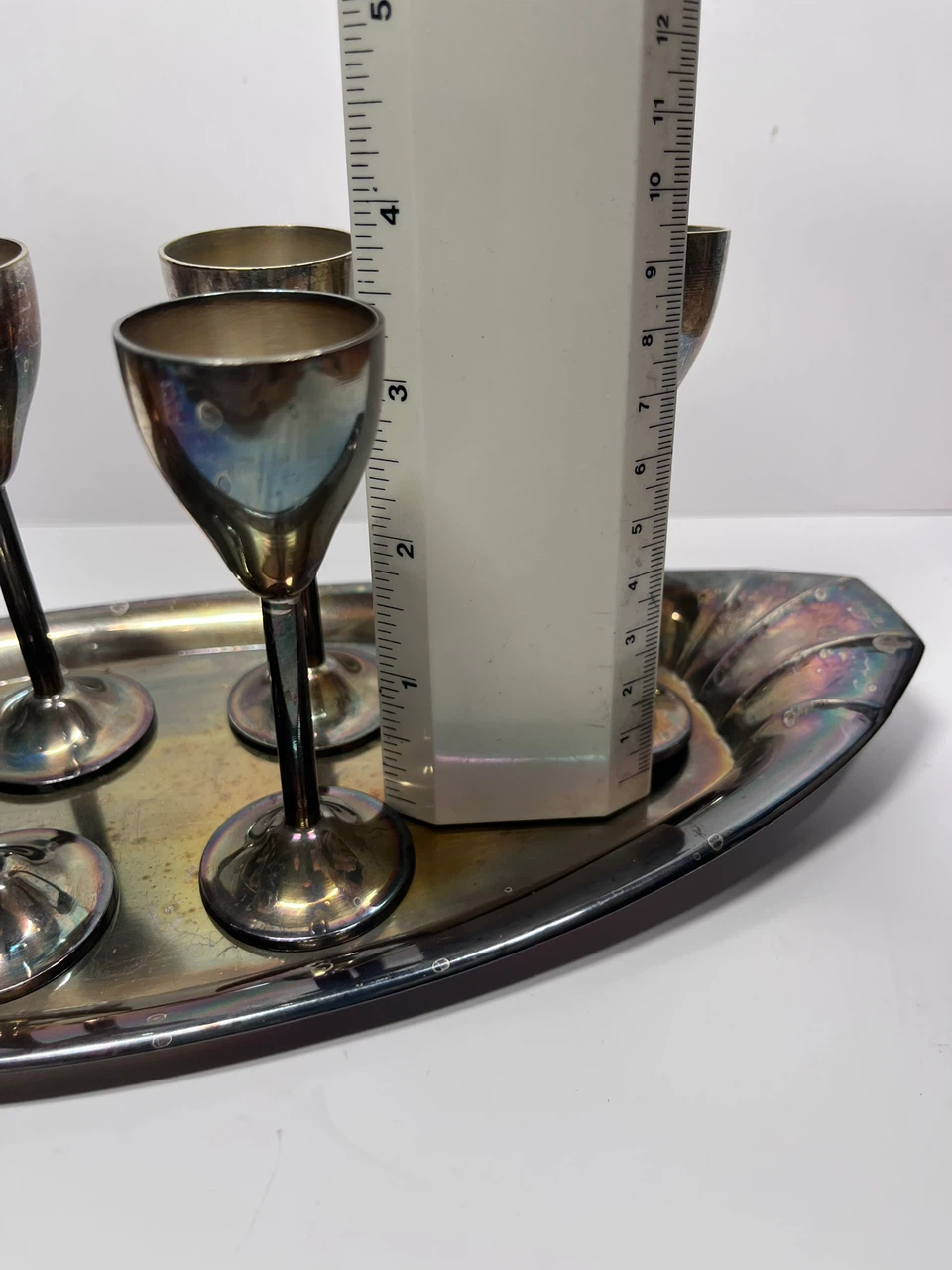 VTG Art Deco Silver Plated 6 Shot Glasses & Oval Tray Set - photo 2
