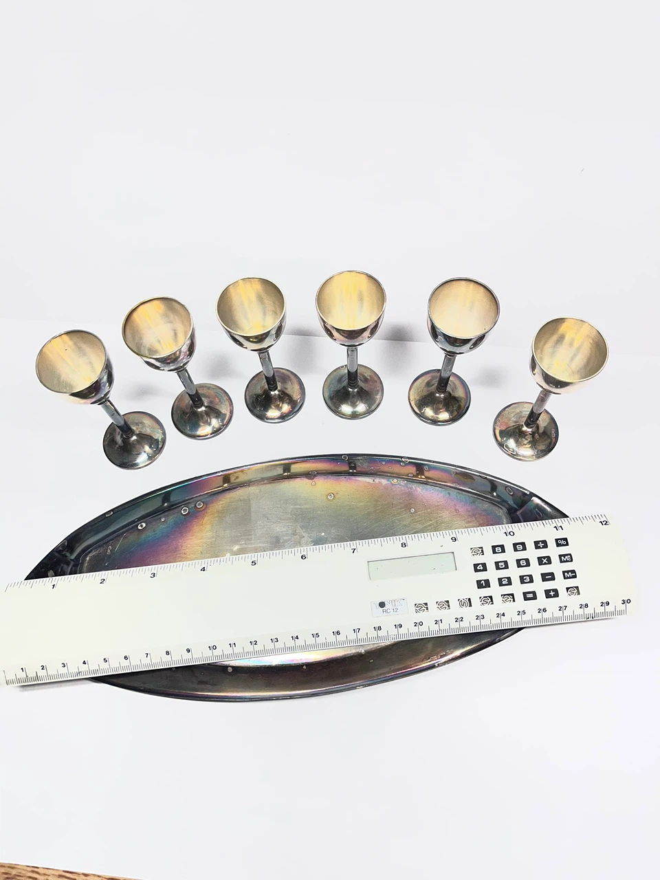 VTG Art Deco Silver Plated 6 Shot Glasses & Oval Tray Set - photo 3