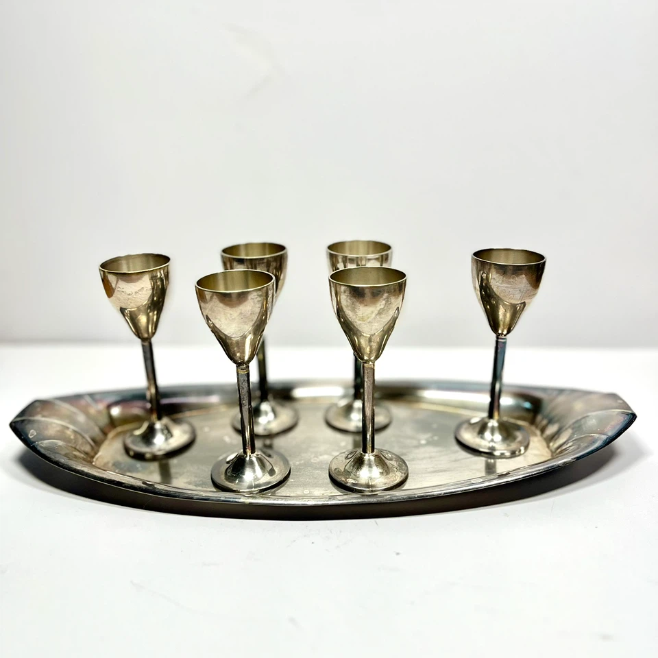 VTG Art Deco Silver Plated 6 Shot Glasses & Oval Tray Set - photo 4