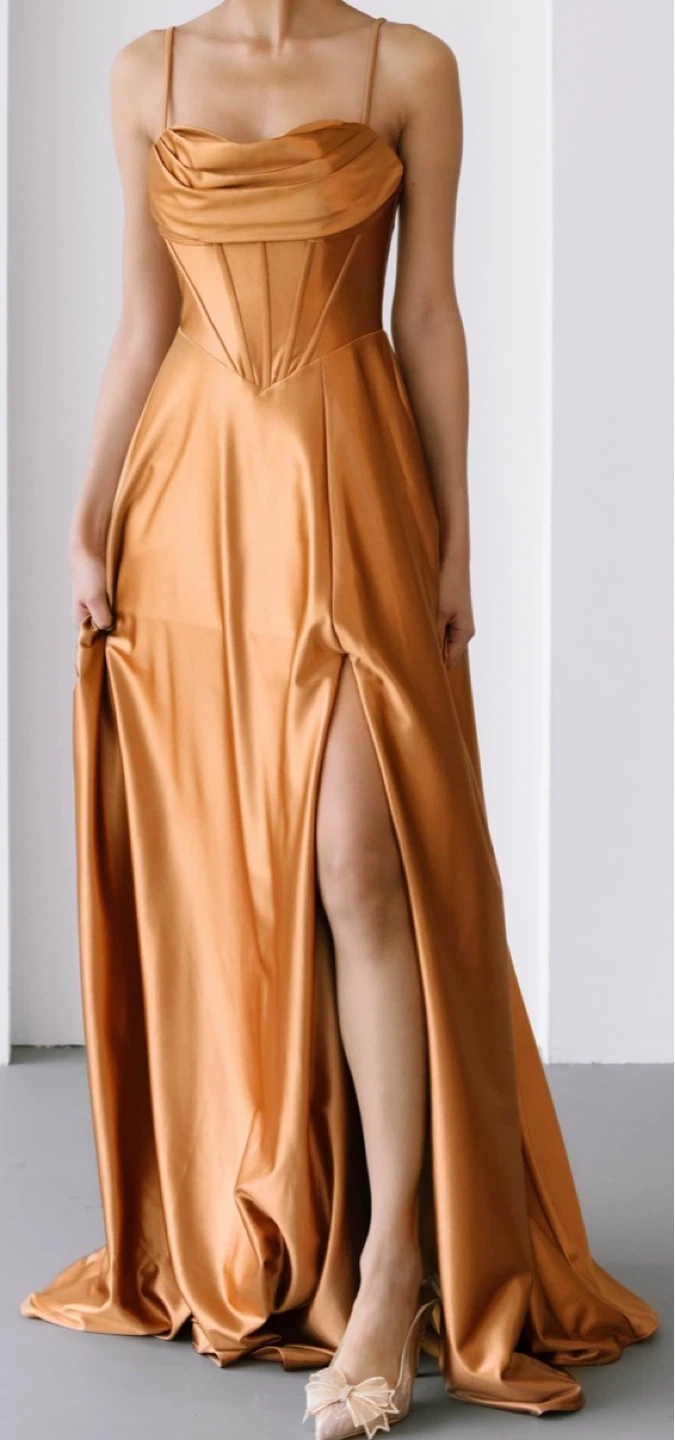 Bronze Satin Cowl Neck Corset Maxi Dress
