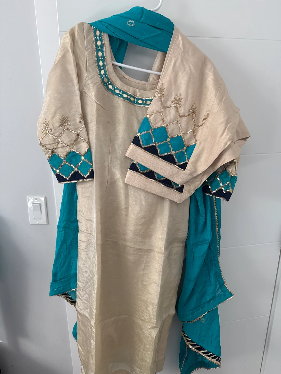 Women's Beige and Teal Embroidered Kurti with Dupatta