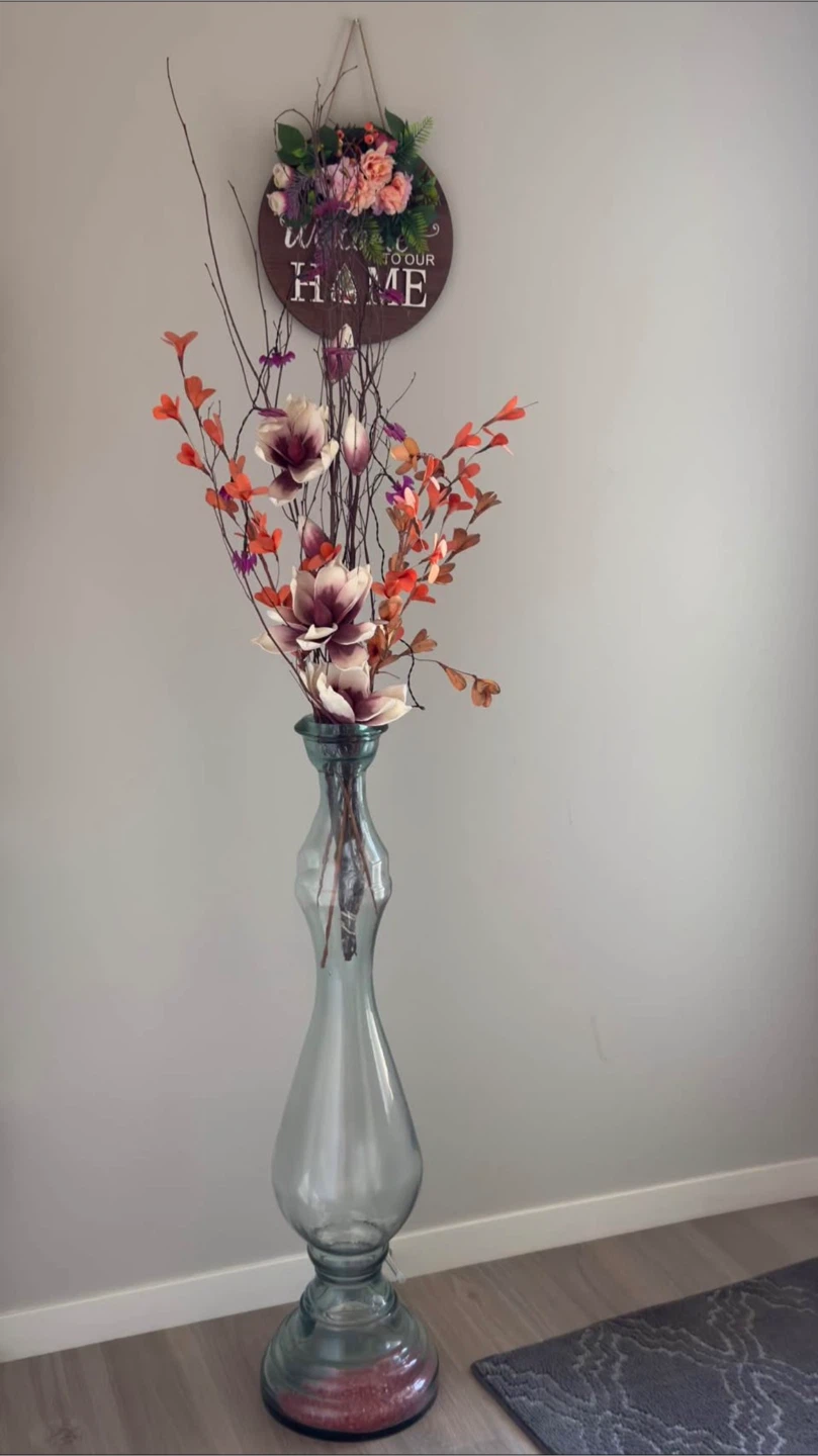 Tall Glass Floor Vase with Floral Arrangement